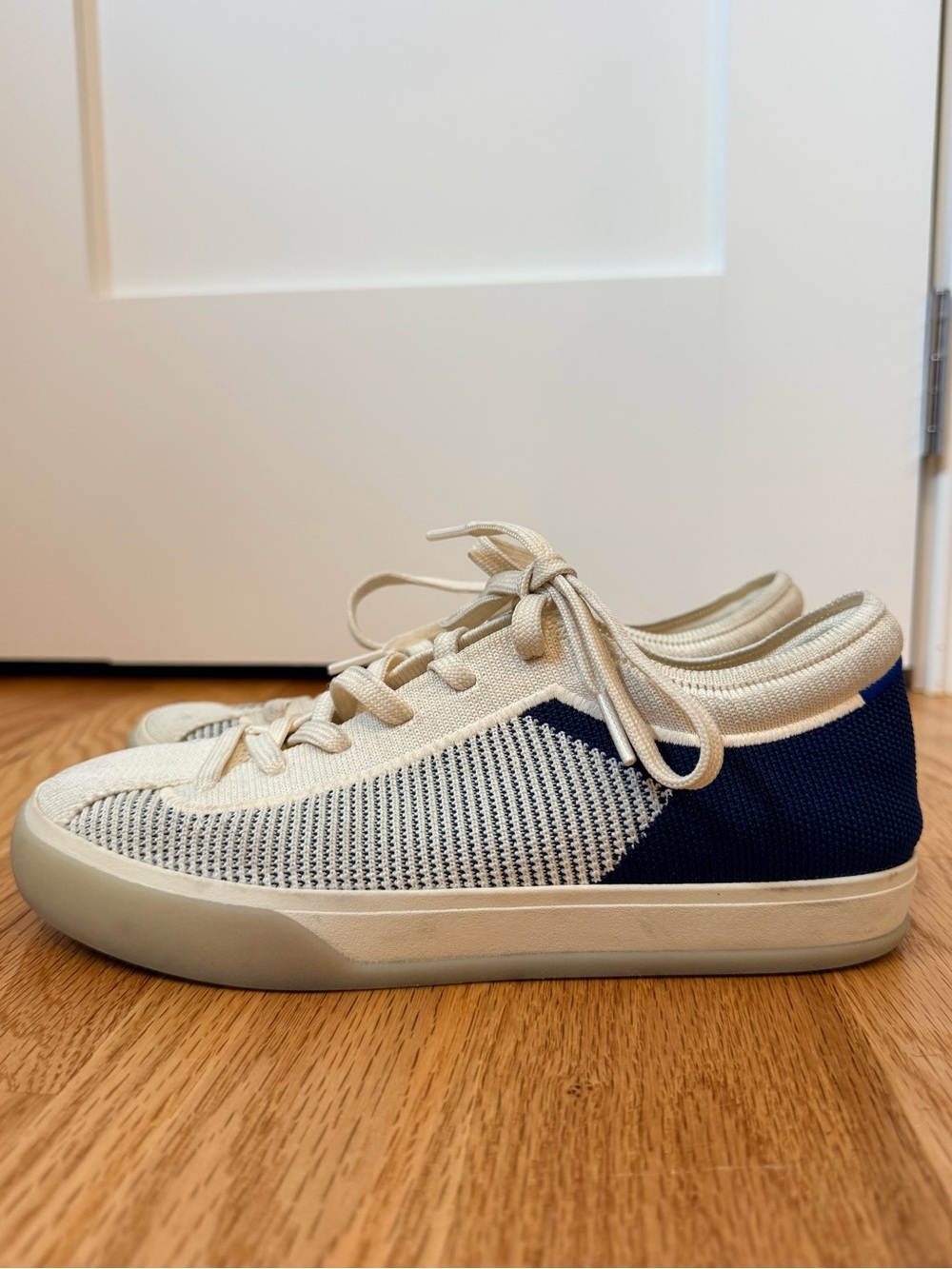 Rothy's Lace up Knit Sneakers with Navy Heel and Coral Lace Tab - Picture 2 of 9